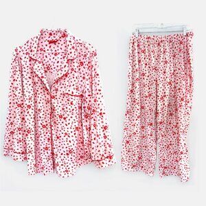 Kate Spade Silky Cropped Pant Pajama Set Coquette Red Heart Print Size XL